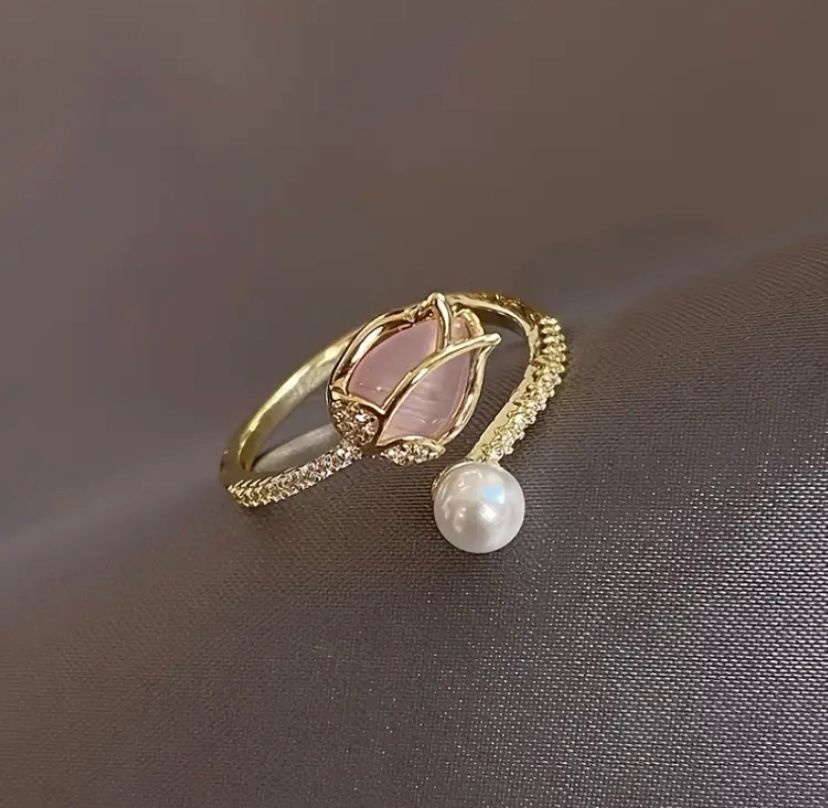 Tulip Bud Faux Pearl Ring For Woman, Trendy Party Jewelry