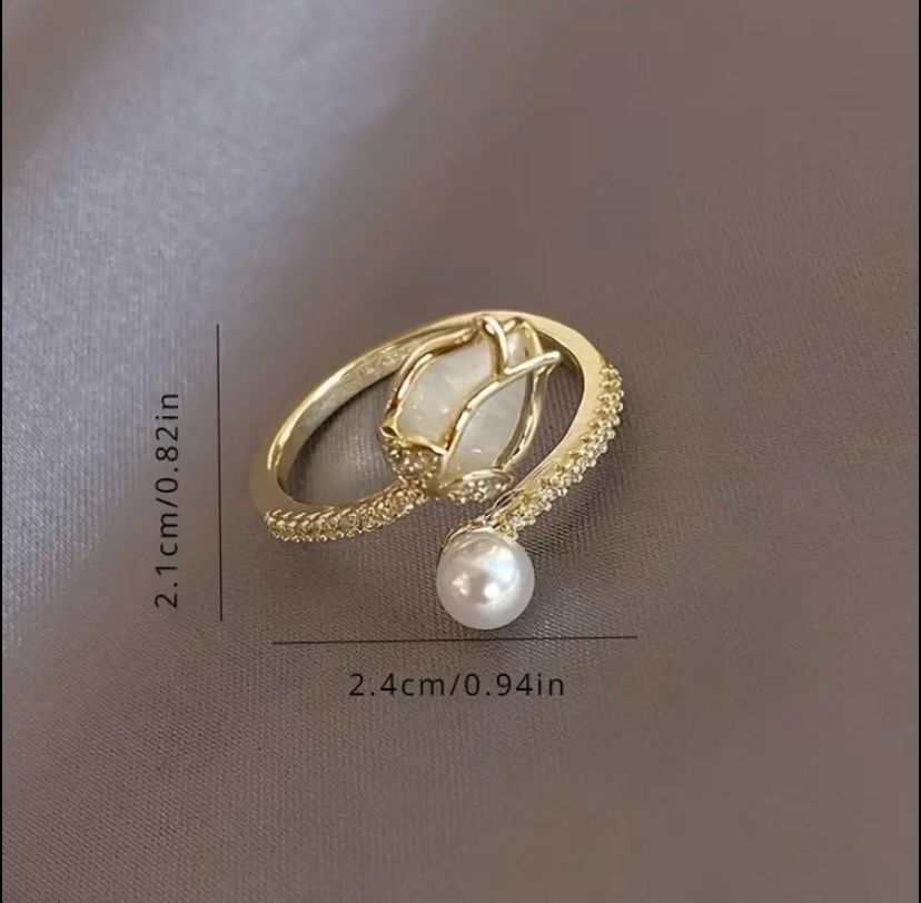 Tulip Bud Faux Pearl Ring For Woman, Trendy Party Jewelry