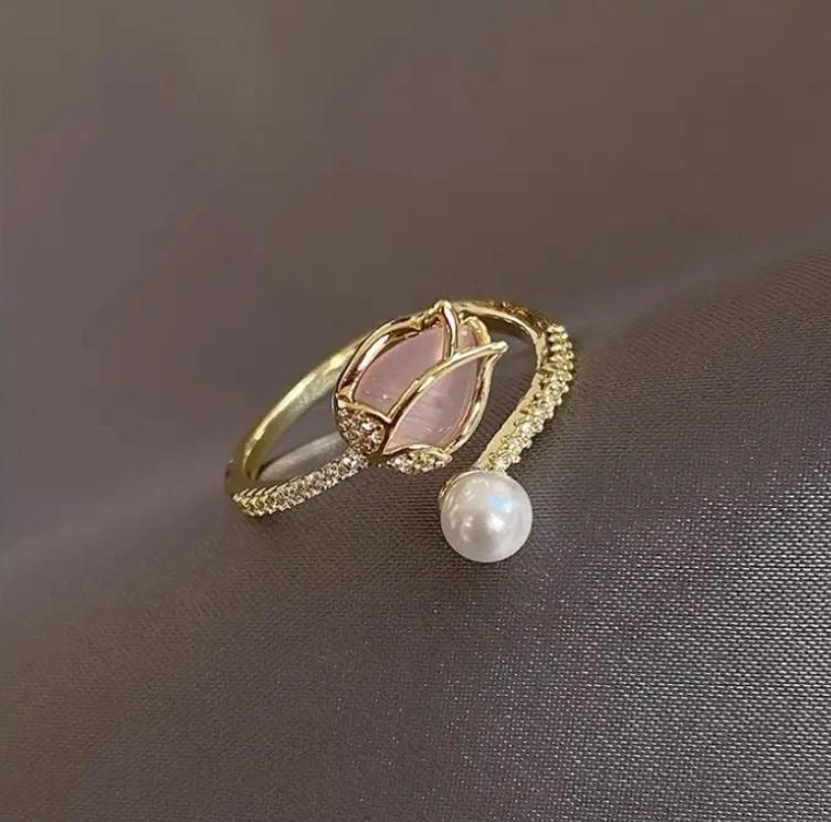 Tulip Bud Faux Pearl Ring For Woman, Trendy Party Jewelry