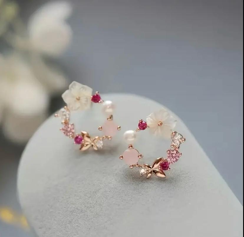 Flower Leaves And Butterfly Stud Earrings For Women Trendy Wreath Shaped Stud Earrings