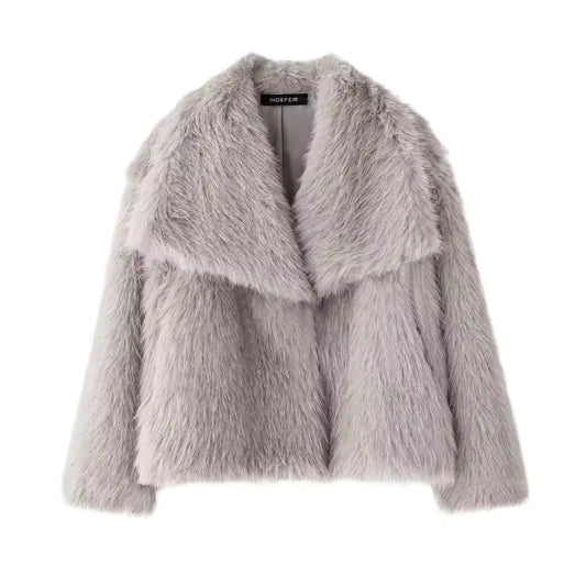 Chic Women's Cropped Faux Fur Jacket – Snap Button Winter Coat