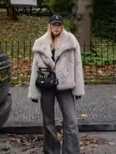 Chic Women's Cropped Faux Fur Jacket – Snap Button Winter Coat